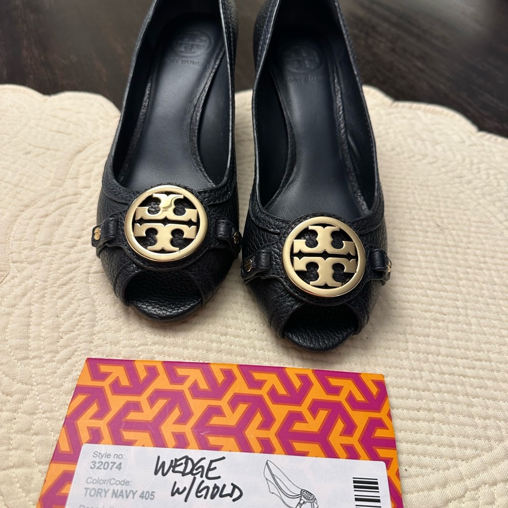 Tory Burch Navy Wedges with Gold Emblem